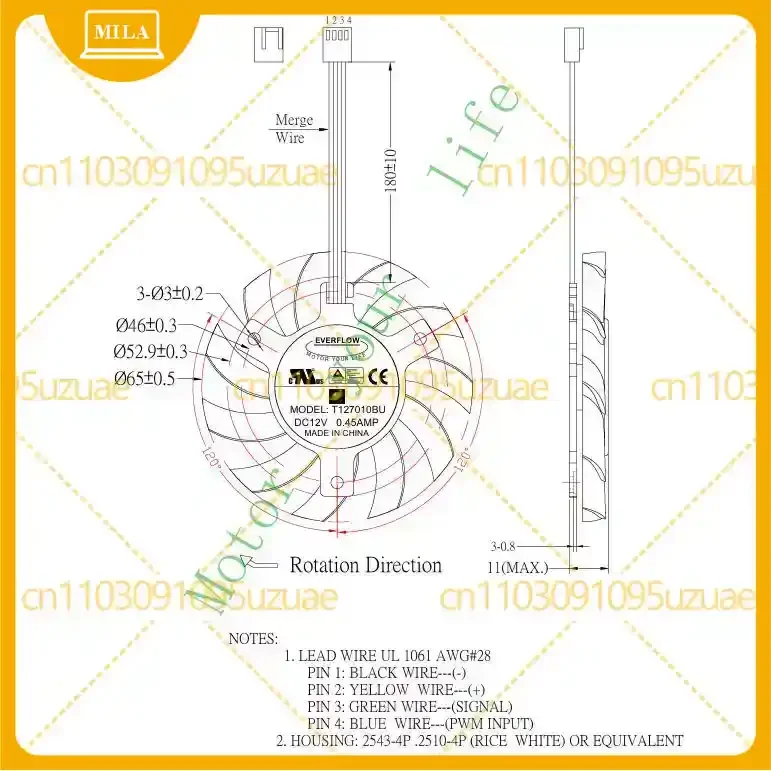 7CM T127010BU Graphics Card Cooling Fan Everflow Dual Ball Bearing PWM Fan