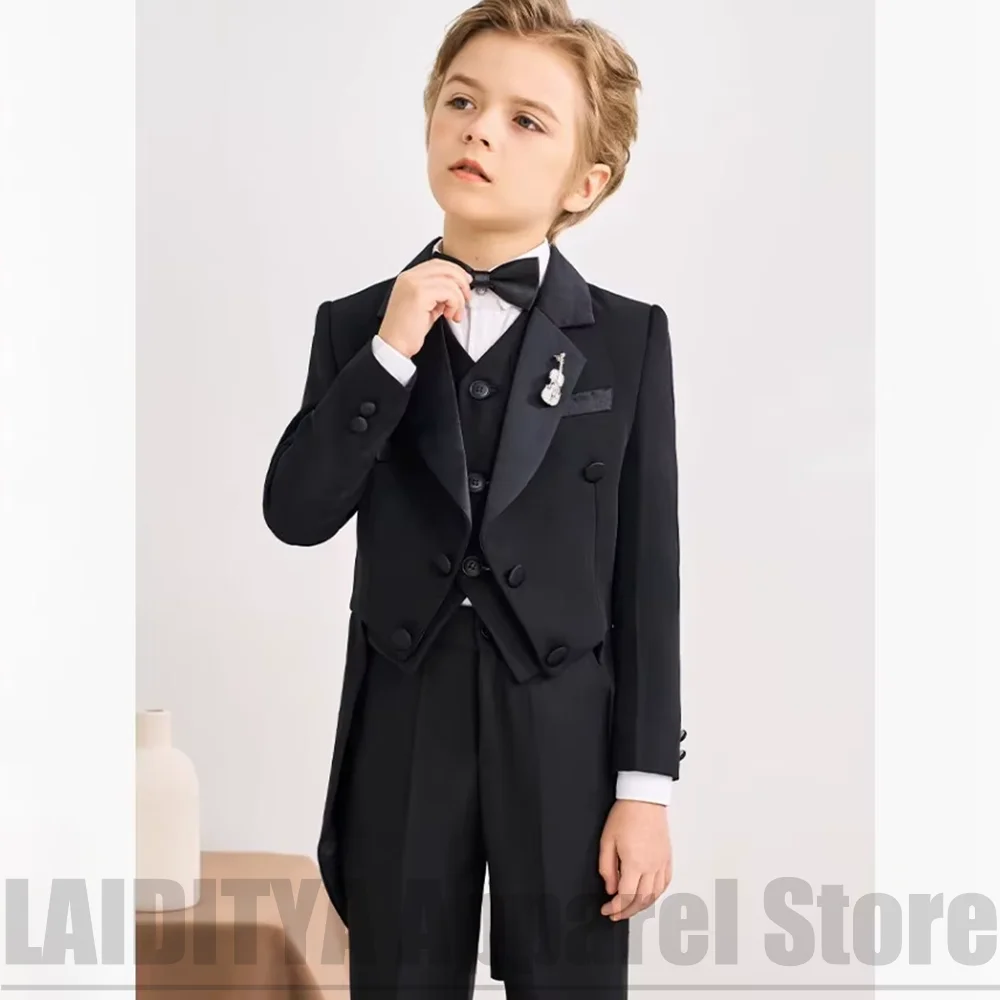 Boys Black 3 Piece Tuxedo Suit Fashion Blazer Vest Pants Outfit Wedding Birthday Party Stage Performance Kids Formal Tailcoat