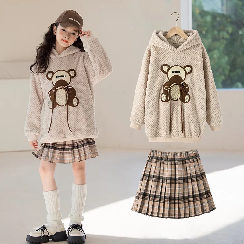 

2023 autumn winter Girls Clothes teenager plus vetvel woolen bear hooded sweatshirt weave or plaid JK pleated skirt warm 12 year