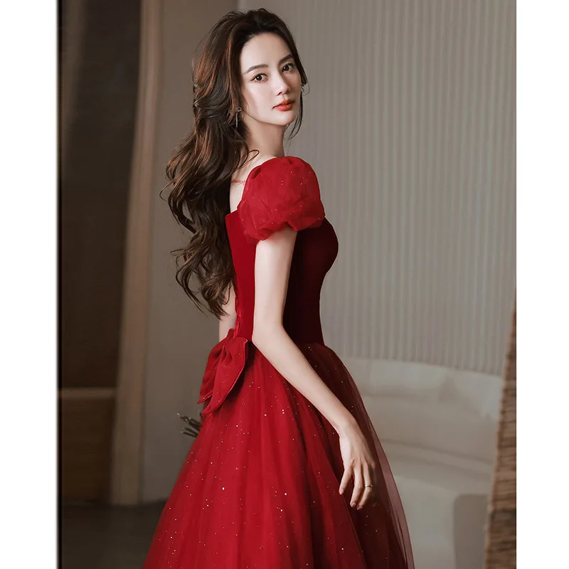 Elegant Burgundy Chiffon Square Collar Puff Sleeve Back Bandage Bride Gowns Party Banquet Female Stage Show Dresses Cheongsam