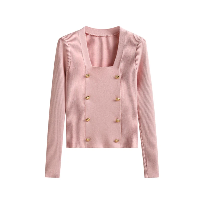 เสื้อสเวตเตอร์ถักคอเหลี่ยมสีดำขาวสำหรับผู้หญิง แฟชั่นเกาหลี ฤดูใบไม้ร่วง ฤดูหนาว เสื้อครอปติดกระดุม แขนยาว ทรงเข้ารูป