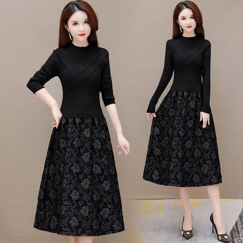 Elegant Women's Dresses New Splice False Two Piece Knitted Sweater Pullover Dress Slim Female Mid Length Sweater Dress Vestidos