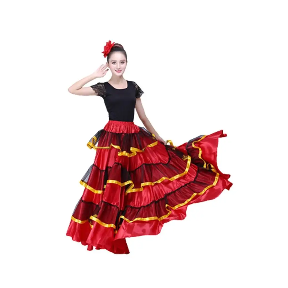 Gonna di flamenco spagnola liscia alla moda Poliestere Grande altalena Costumi di danza del ventre Sala da ballo Festa Grande gonna altalena Danza