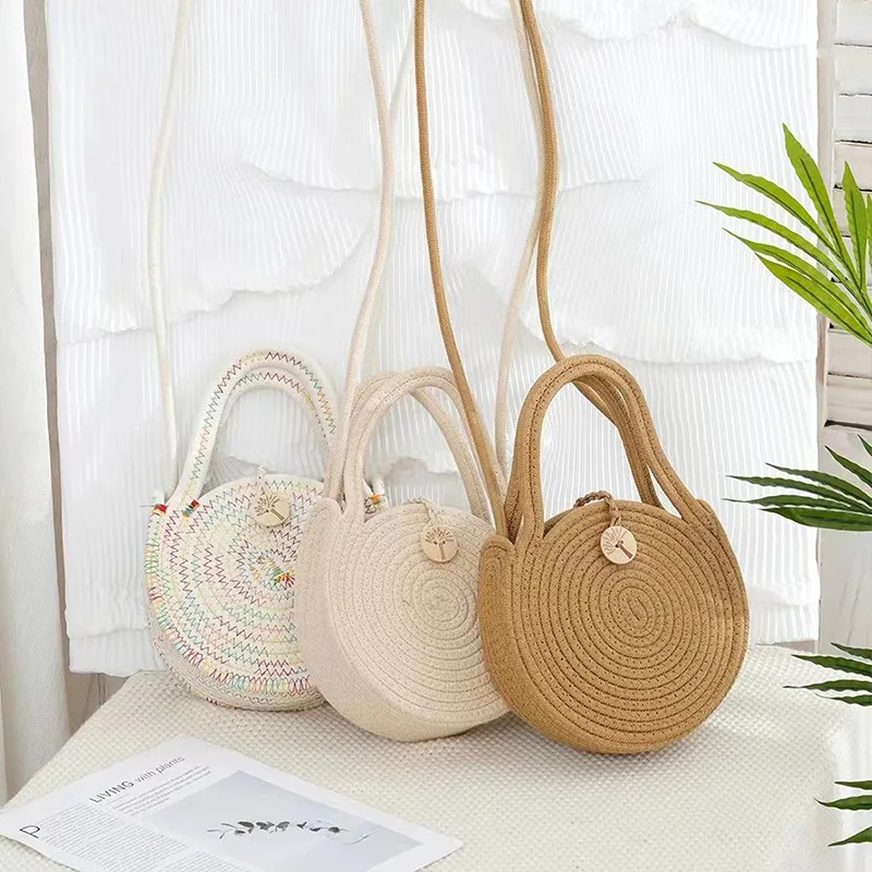 Solid Color Creative Straw Bag Women\'s Fresh and Stylish Cotton Rope Braided Bag Vacation Women\'s Shoulder Crossbady Handbag