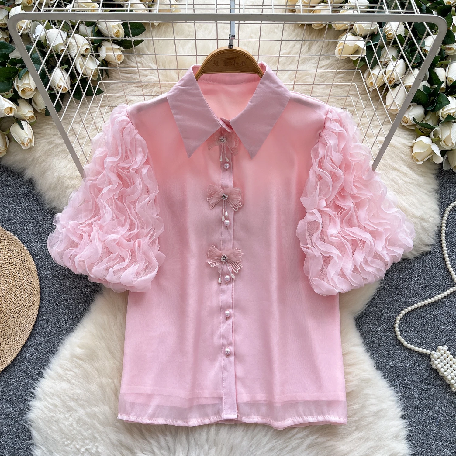 

Women Chic butterfly mesh button Slim Sexy Korean T-shirt Fashion Summer Women Shirt Three Quarter