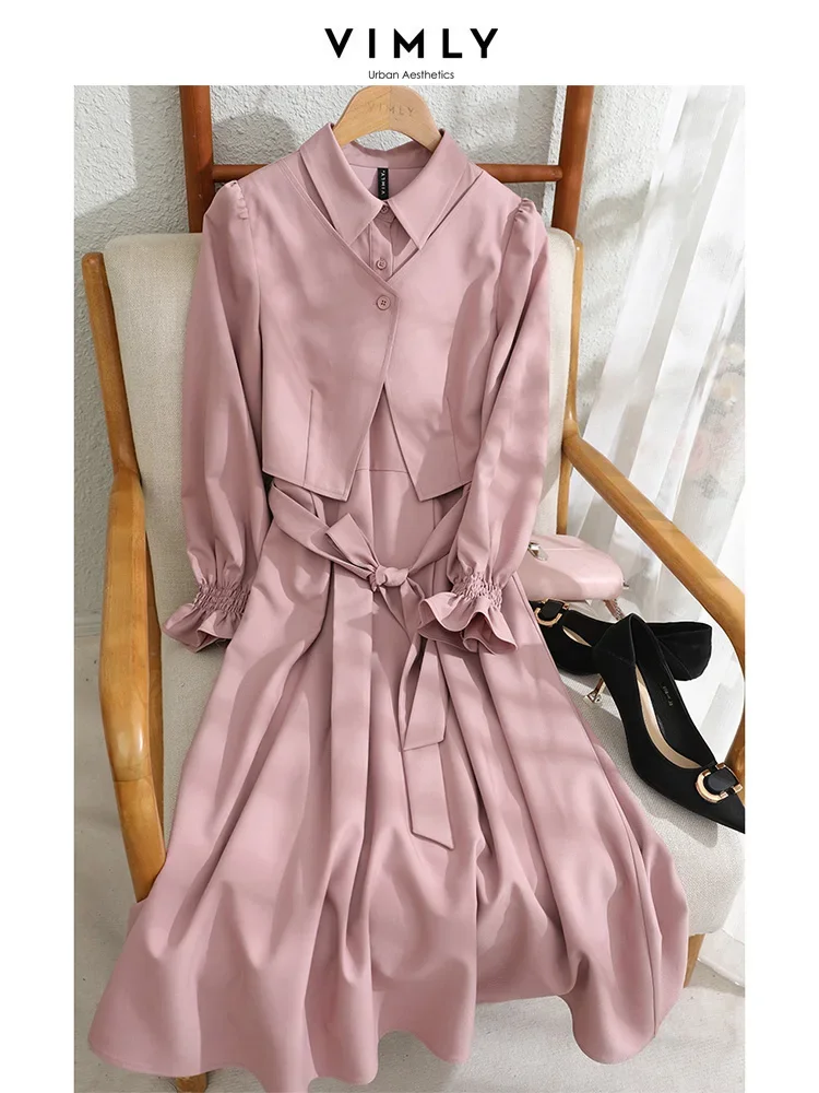 Vimly 2023 Early Autumn Elegant Shirt Dress for Women 2023 Fashion Collared Belted A-line Long Puff Sleeve Ladies Dresses M2592