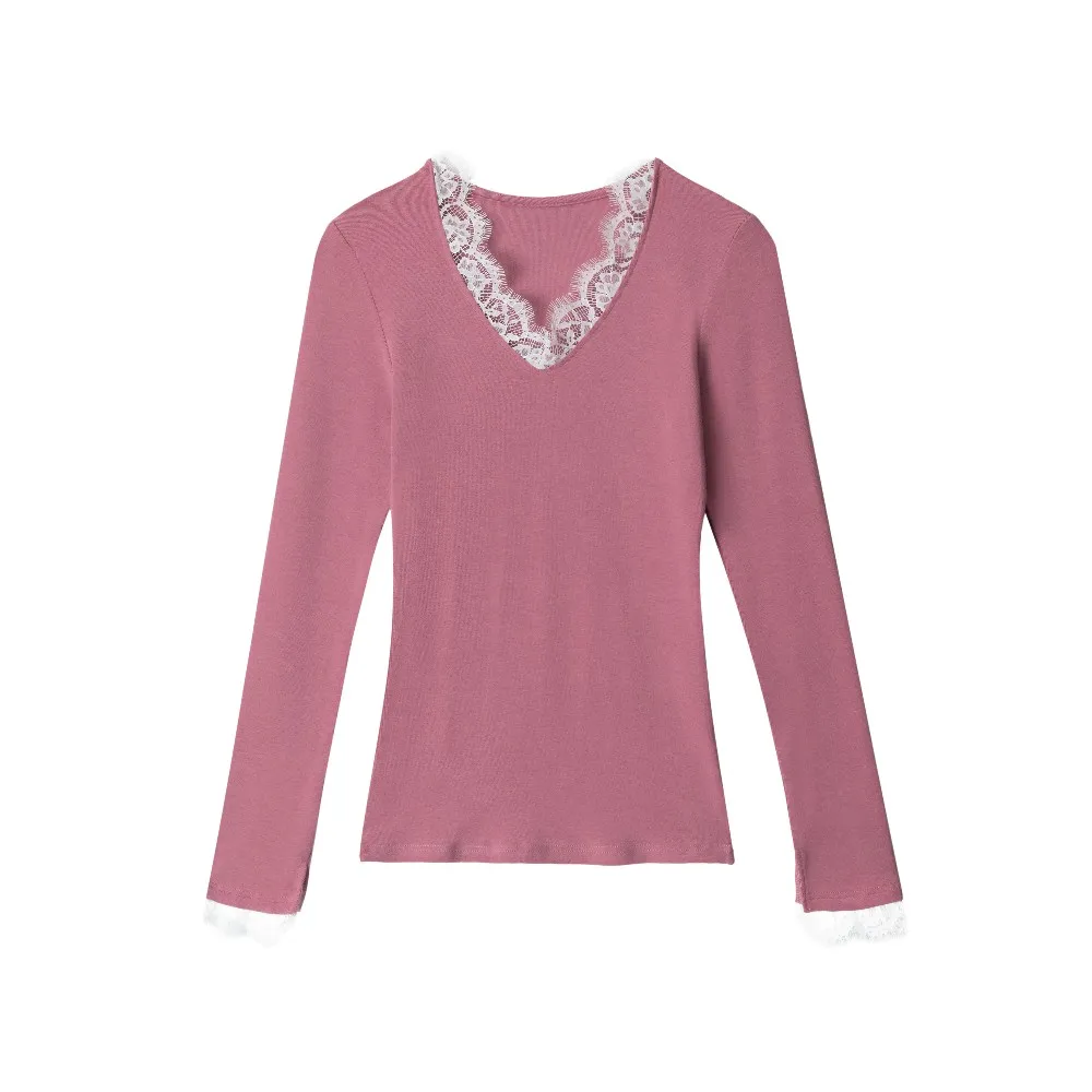 

Lace Office Ladies Basic Patchwork Bodywear Fitness Long Sleeve Slim Fit Elegant Tops for Women Girls Inner Tshirt Winter Fall