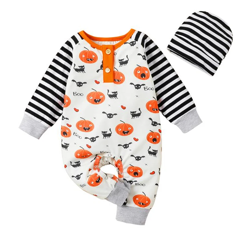 0-24Months Baby Halloween Casual Jumpsuit Long Sleeve O Neck Black Cat Pumpkin Print Romper with Hat