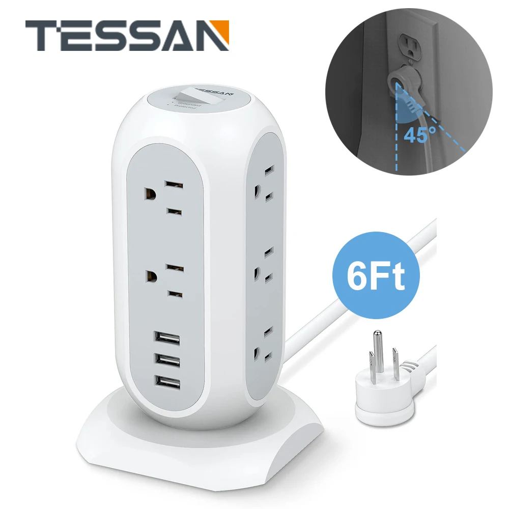 

TESSAN Vertical 6 Ft Cord Surge Protector US Plug 8/11 Way Outlets Socket Tower Multi Power Strip With 3 USB for Home Office