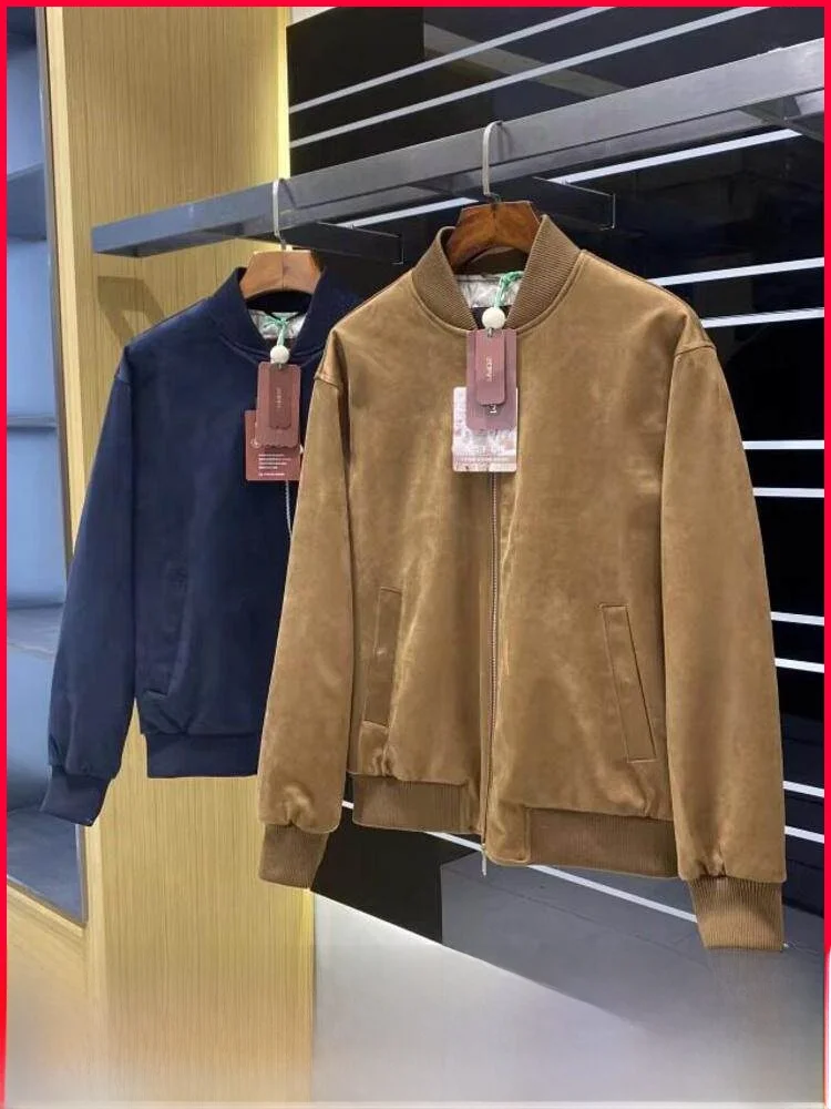 

Italian Luxury Faux Suede Baseball Collar Casual Cotton Jaet Zipper Decorated Stand Fit Youth Faion Warm Long Sve Coat