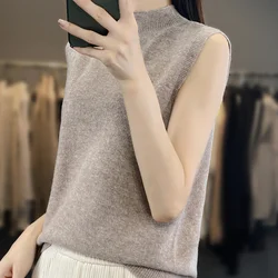 Women Summer Half-turtleneck Vest Knitted Sleeveless Cropped Tank Top Soft Cotton Solid Pullover Sweater Waistcoat Girl