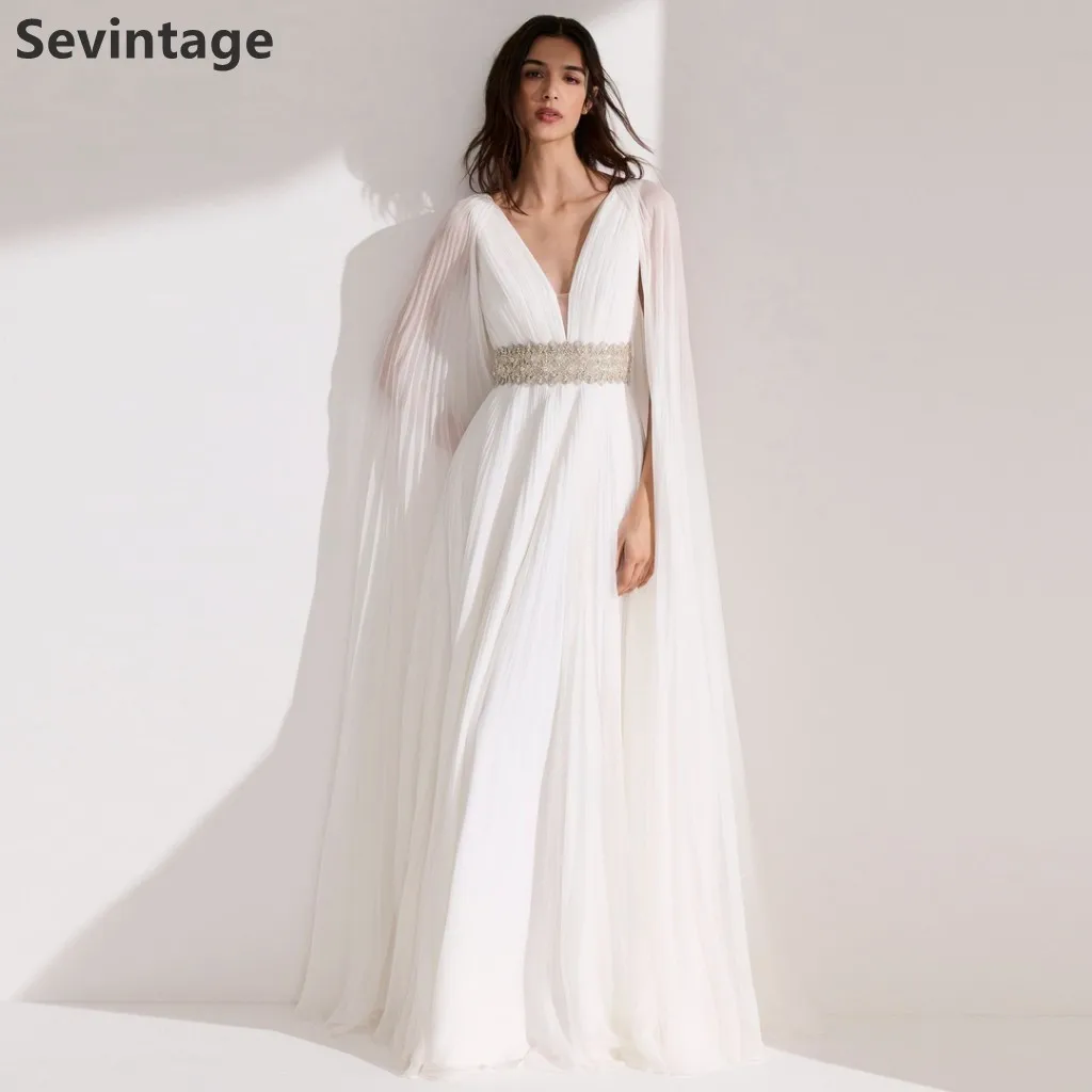 

Sevintage 2026 White Chiffon Evening Dress Deep V-Neck Cape Sleeve Beaded Waist Formal Prom Gown Customized