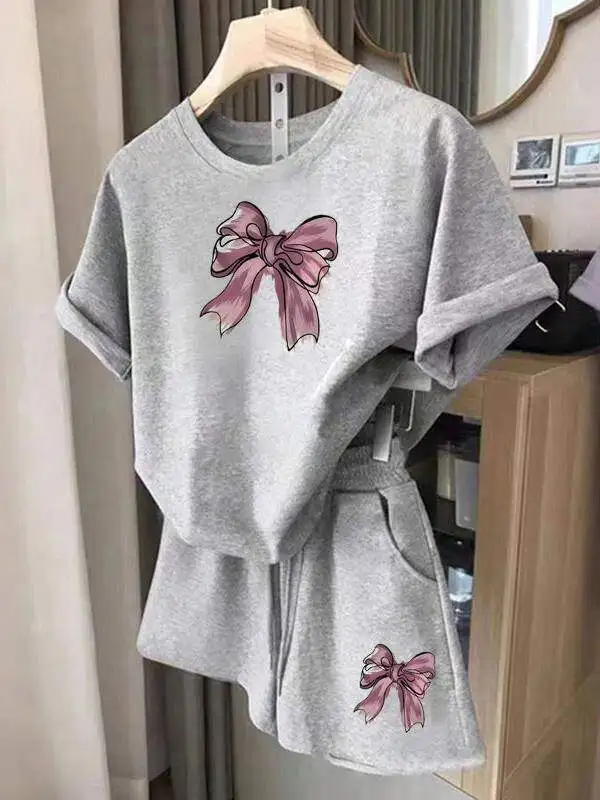 

Летний повседневный комплект для сна с узлами, женский свободный комплект из двух предметов: шорты и футболка с коротким рукавом, для спорта, бега, активного отдыха и дома