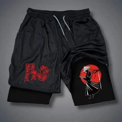 

Black Mens Sport Shorts with Red Rs Logo Traditional Hat Figure Print Rising Sun Design White Japanese Text Elastic Drawstring