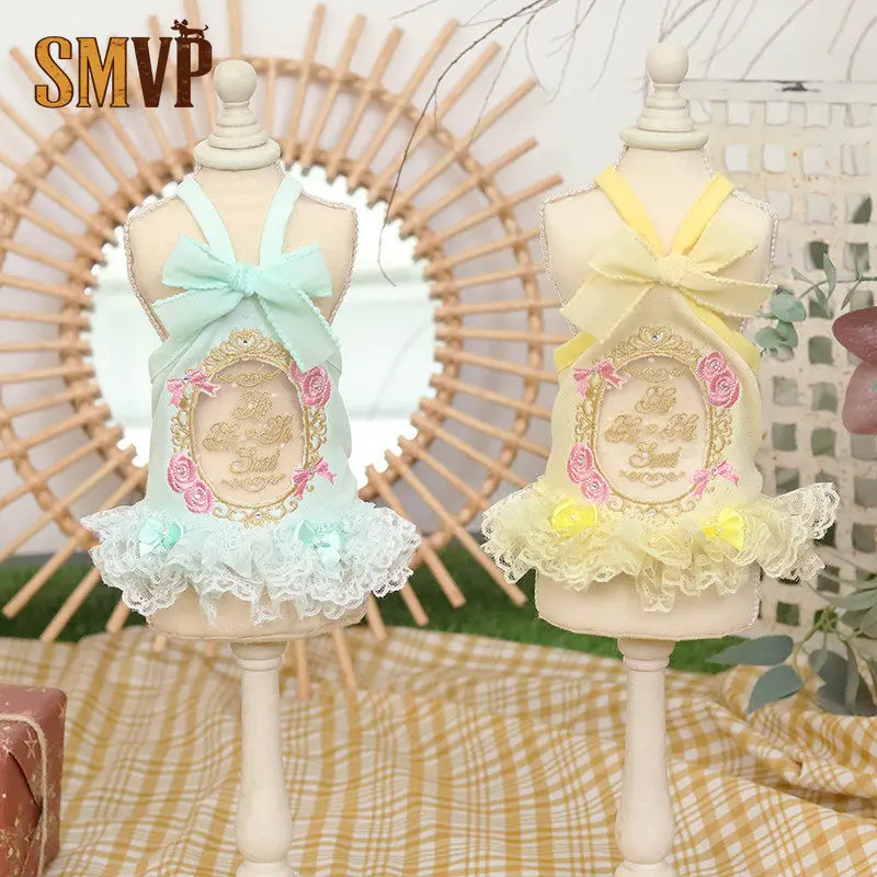 Thin Breathable Hollow Out Pet Lace Slip Dress Thread Rose Embroidery Rhinestone Bow Sling Dress Summer Cool Clothes for Pets