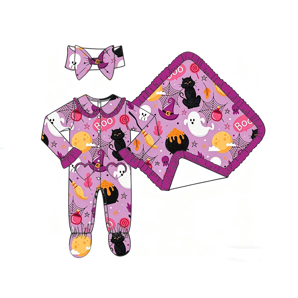 Boutique Girls' Blanket and Romper Lapel Ruffle Buttons Love Pocket Binding Feet Halloween Pumpkin Print Custom Patterns