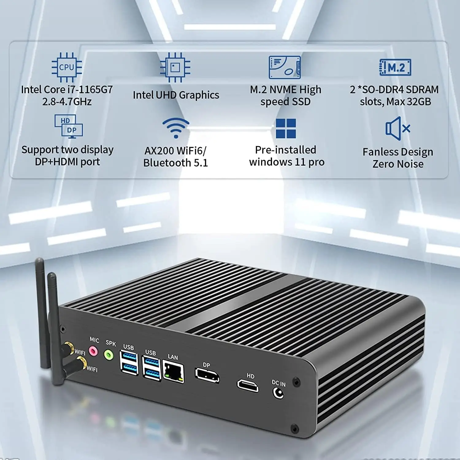 Partaker 12th Gen Alder Lake Fanless Mini PC Intel Core I7 1255U 1260P 1165G7 10510U HD DP Win 11 Gaming Desktop Computer WiFi