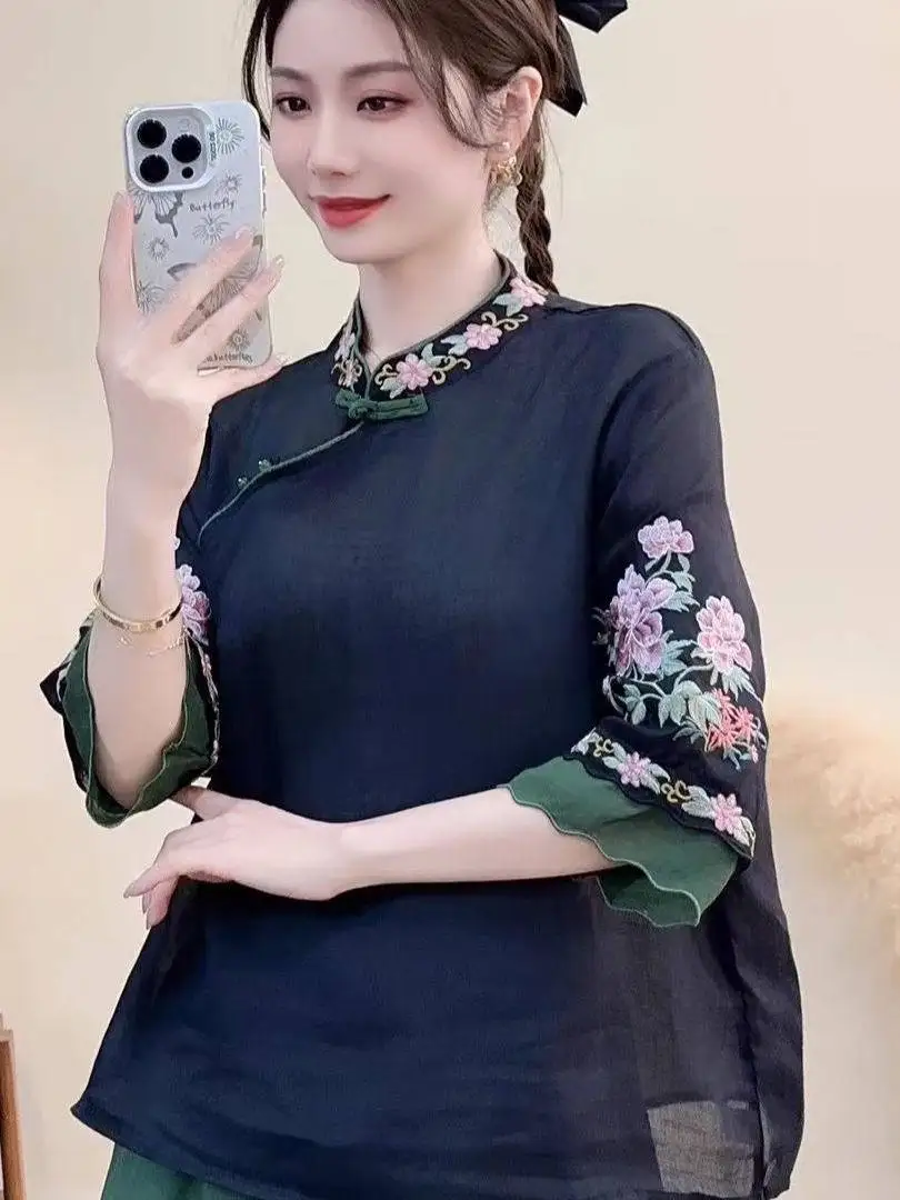 Traditional Chinese Clothing Summer Vintage Linen Shirts Women Embroidered Frog Buttons Blouse Shanghai Kung Fu Hanfu CN-239