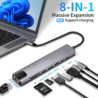 8 in 1 USB C Hub Type C to 4K HDTV Adapter with RJ45 SD/TF Card Reader Fast Charger for MacBook Notebook Windows Laptop Computer