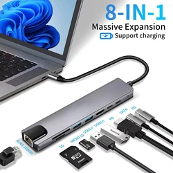 8-in-1 USB C Hub Type C naar 4K HDTV-adapter met RJ45 SD/TF-kaartlezer Snelle oplader voor MacBook Notebook Windows Laptop Computer