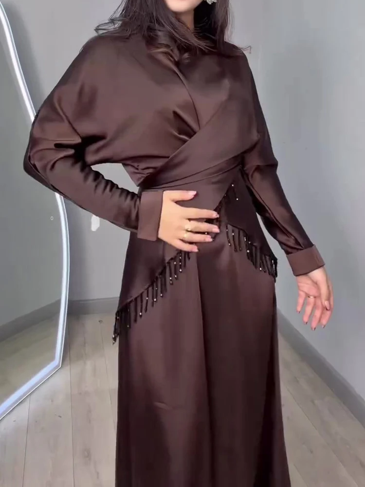 

Модные драпированные атласные наряды на шнуровке, повседневное платье-жилет без рукавов с круглым вырезом и топы, женский элегантный однотонный комплект с кисточками из 2 предметов