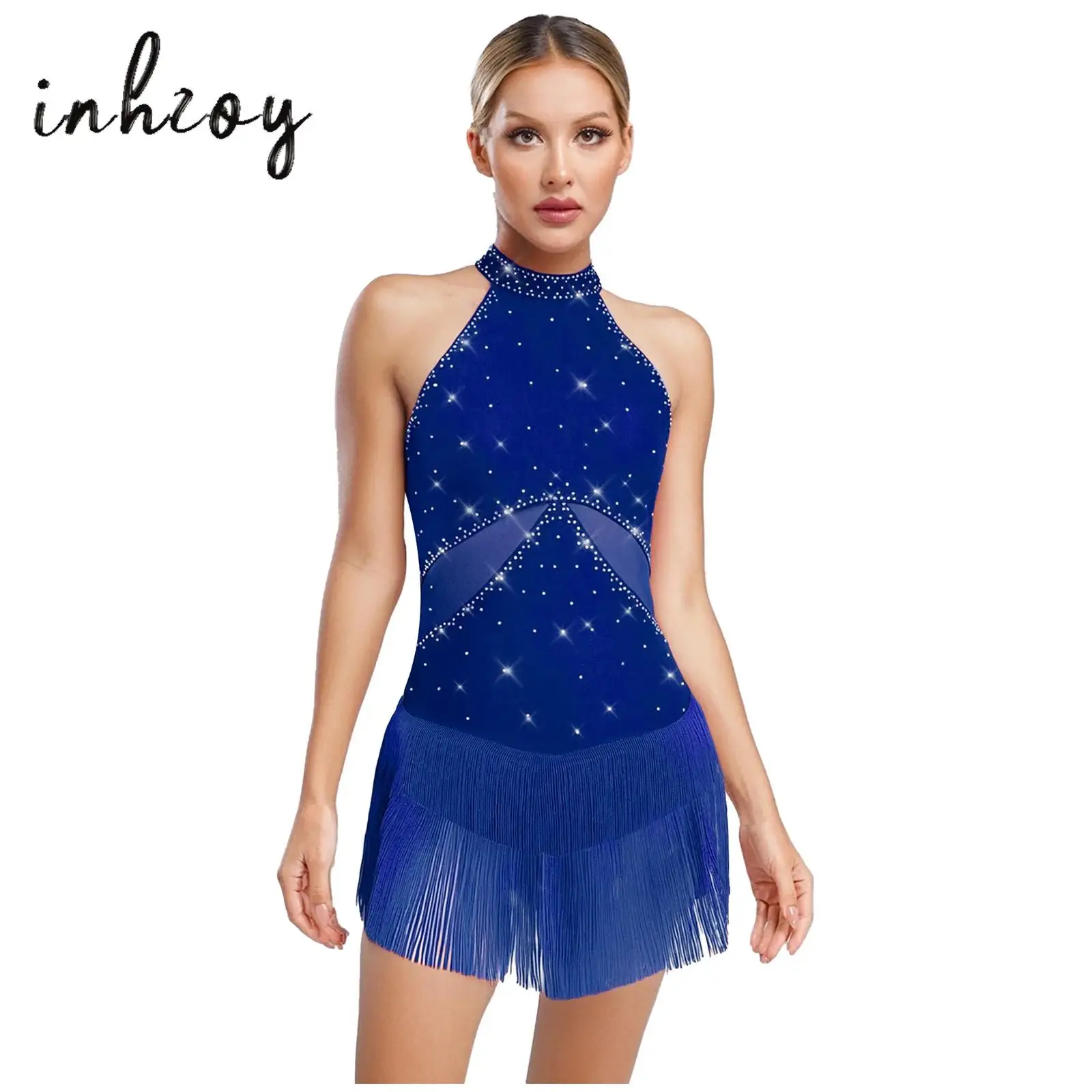 

Women Latin Chacha Dance Leotard Dress Sparkly Rhinestone Tassel Mesh Patchwork Back Hollow Out Bodysuit Latin Dance Costume