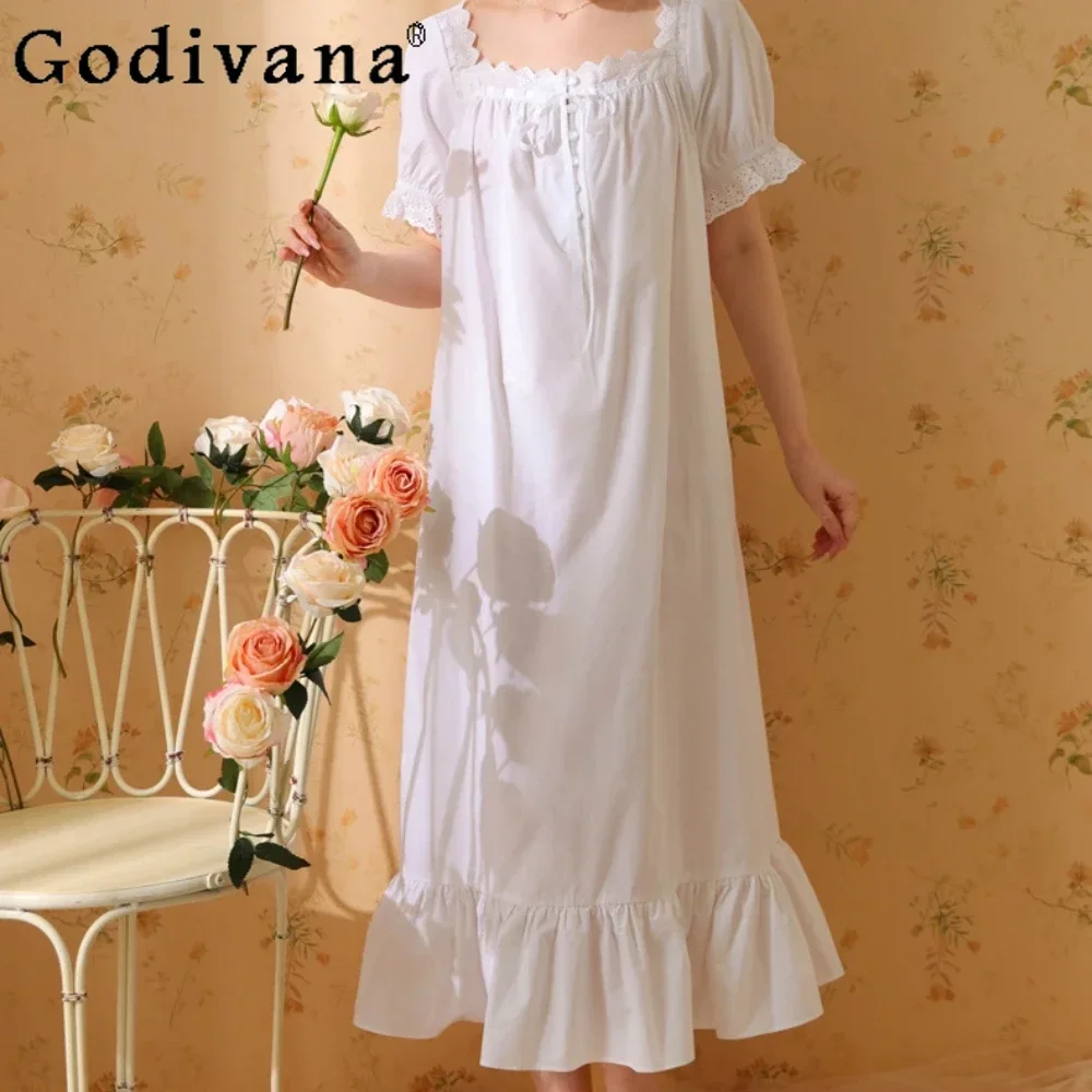 Vintage Palace Style Ruffles Lounge Home Wear Girly Casual Sleepwear Long-sleeved Cotton Nightgown Women's