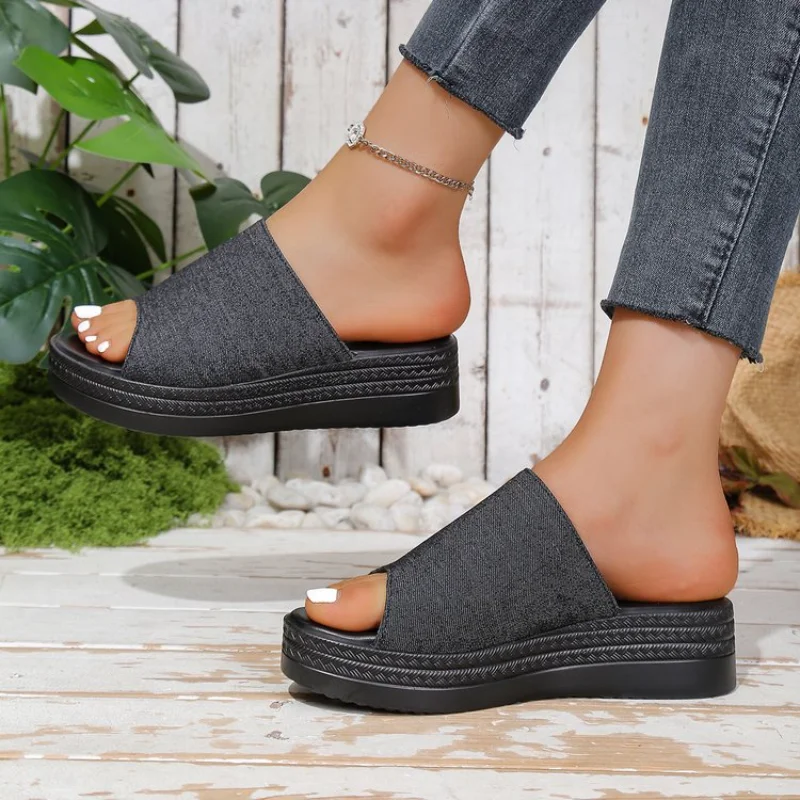 Women Platform Wedge Slide Sandals, Muffin Single Band Slides, Summer Casual Elevated Open Toe Outdoor Beach Slippers For Women
