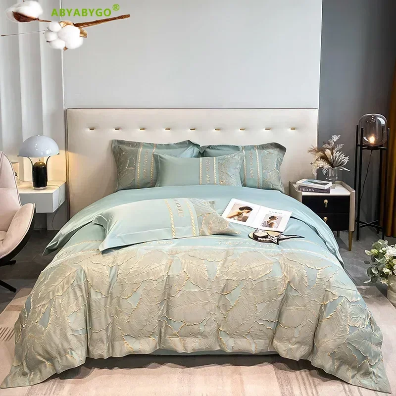 Bedding Set Luxury Egyptian Cotton Leaf Embroidery Duvet Cover Set Bed Sheets and Pillowcases Soft Cotton Bed Sets Home Textiles