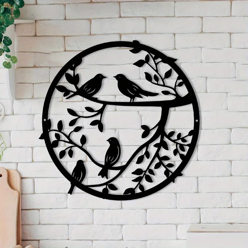 1pc Iron Metal Tree Branches And Bird Wall Art Outdoor Garden Terrace Decorative Sculpture Rustic Theme