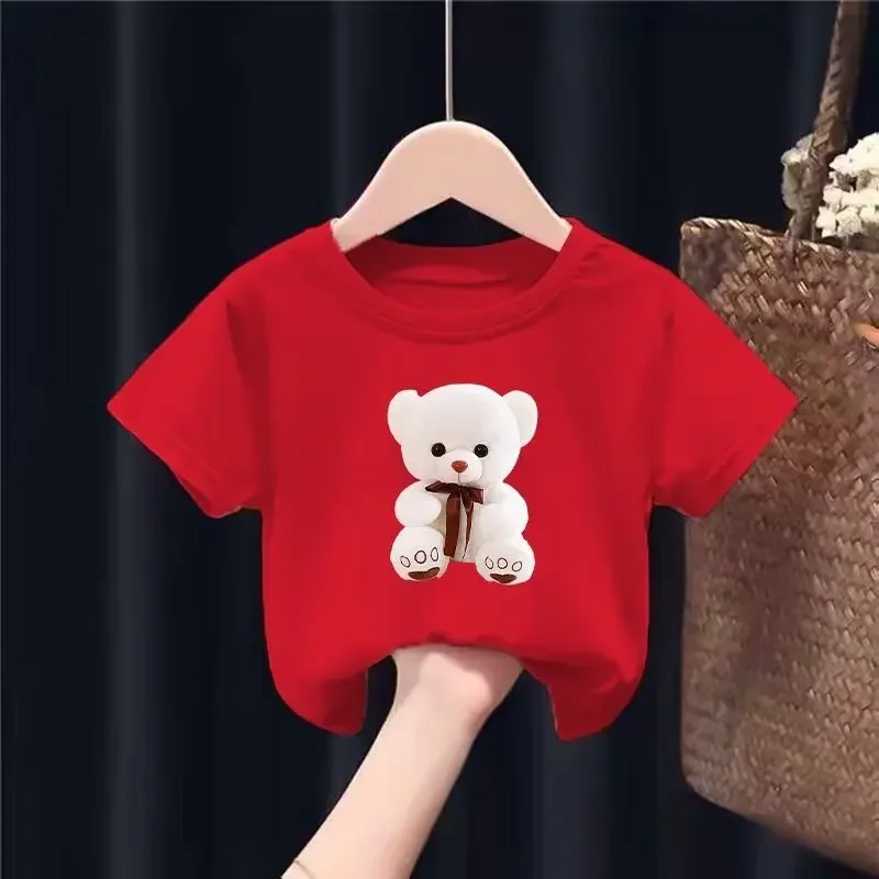 Cartoon Little White Bear Printed Round Neck T-shirt Short Sleeve Casual Boys and Girls New Trend Children's Clothing Top