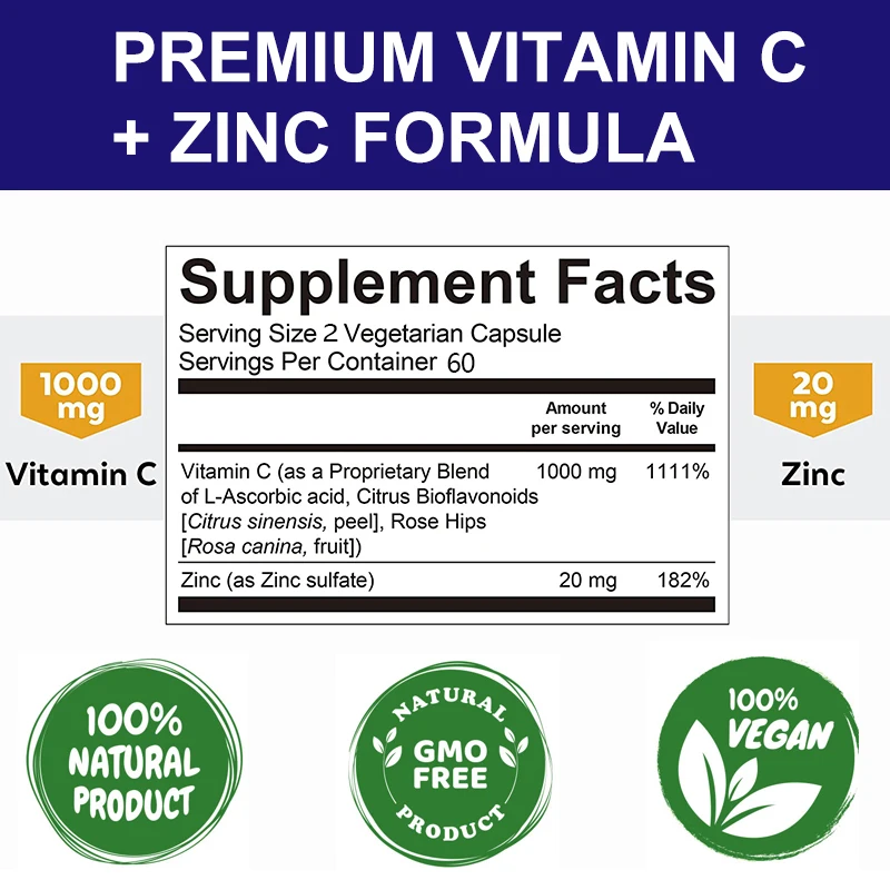 Vitamin C with Zinc, Bioavailable, Ascorbic Acid, Zinc Oxide, Non-GMO and Gluten-Free Supplement