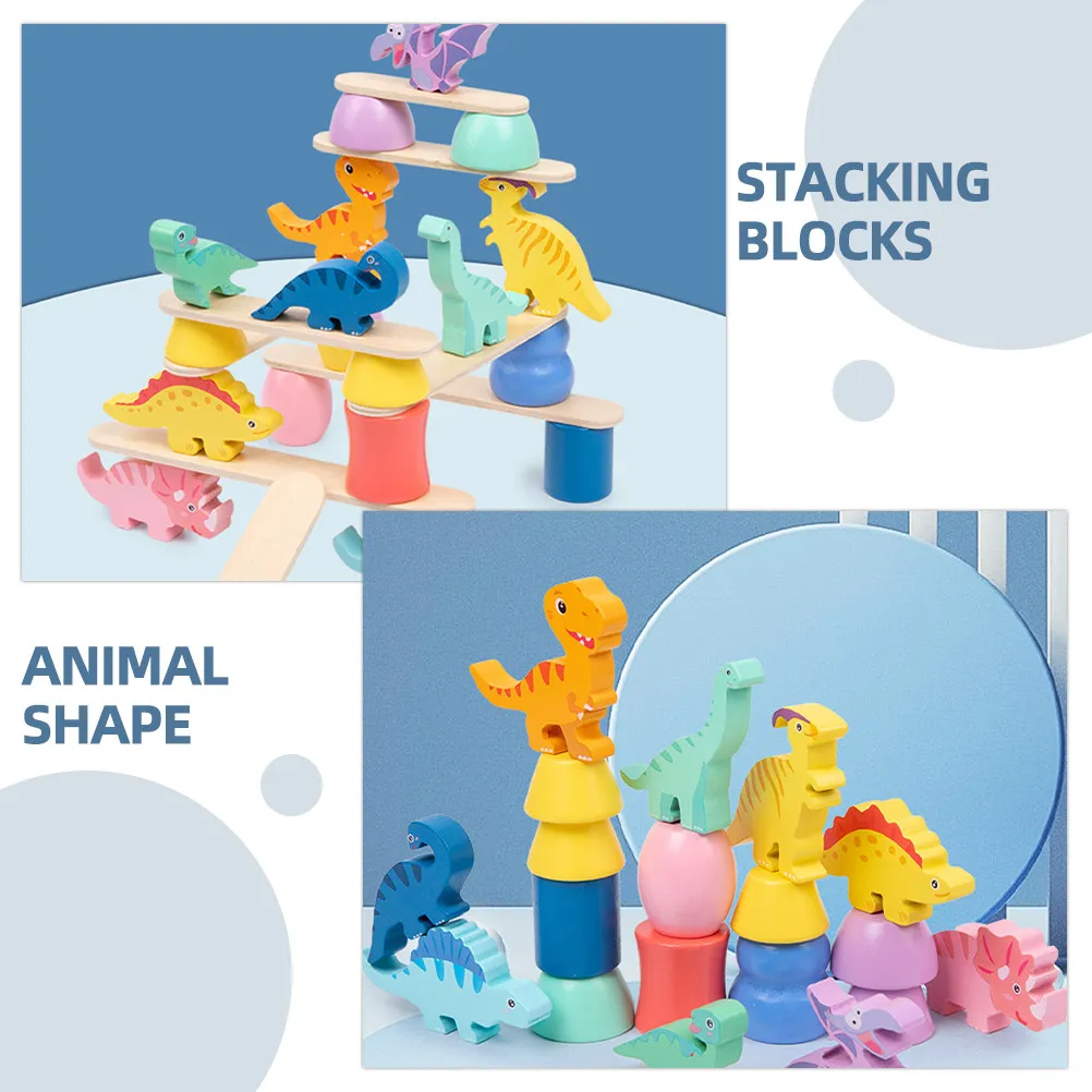 1Set Dinosaur Cartoon Blocks Colorful Wooden Balance Plaything Educational Animal Stack Game for Children Early Learning