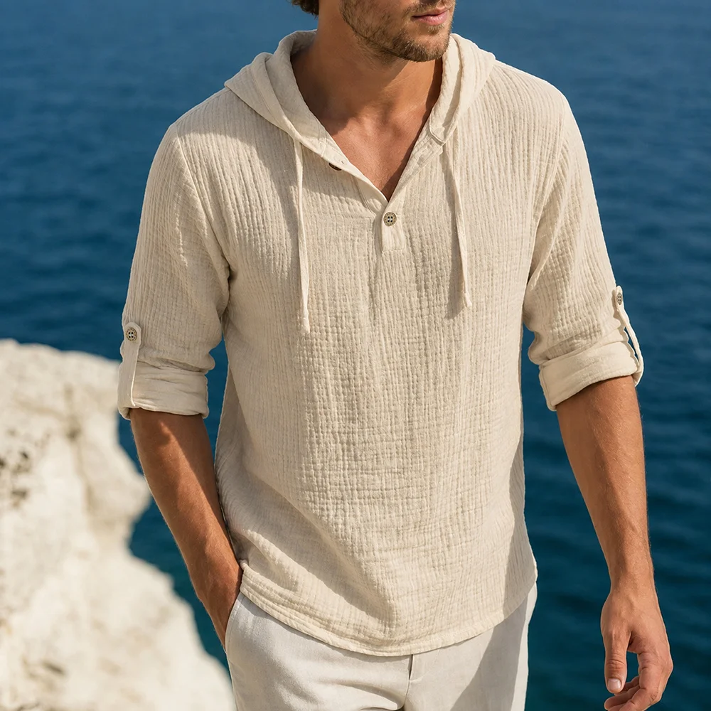 Men's Hooded T-shirt Cotton Cozy Breathable Fashion Vacation Beach Style Tees Casual Simple Design Solid Color Drawstring Tops