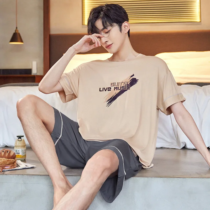 

Summer Mens Sleepwear Cotton Short Sleeves Sleeping Tops Shorts Pajamas Set Man Korean Home Clothing Casual Loungewear