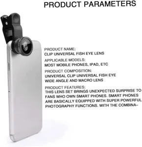 Lensa Kamera Mikro Sudut Lebar Mata Ikan 3in1 untuk iPhone Xiaomi Redmi Lensa Mata Ikan Zoom 3IN1 pada Lensa Ponsel Pintar dengan Klip Ponsel 8 mata ikan dengan penjualan terbaik - №