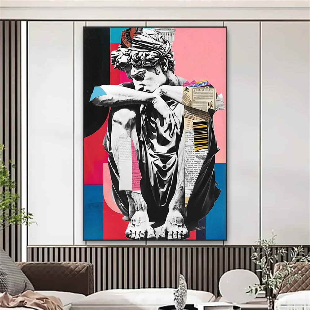 Modern Altered Art Print David Statue Sculpture Art Poster Roman Statue Canvas Painting Greek Mythology Aesthetic Room Decor