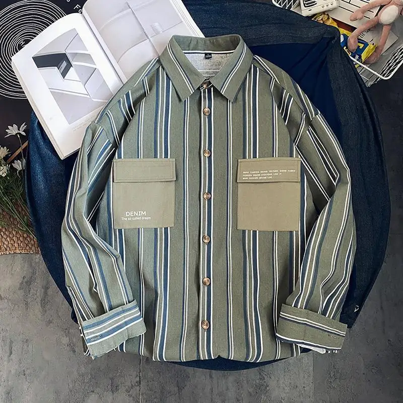 2024 Hong Kong style loose retro shirt for men spring and summer new college style niche design interesting striped shirt EMO