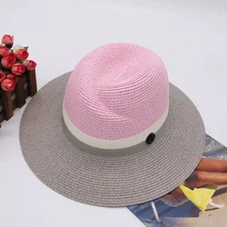 2022 High-end High-quality Ladies Wide-brimmed Jazz Hat Straw Hat Pink Gray Stitching Sunscreen Casual Sunshade Straw Hat