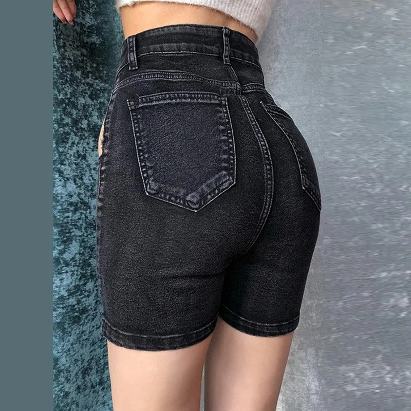 BPN Hollow Out Solid Denim Shorts For Women High Waist Spliced Buttons Streetwear Tunic Short Female Summer Fashion Clothes New