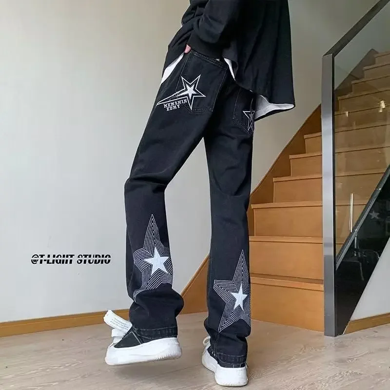 Trendige Marke 2023, neue Herren-Jeans, Sternmuster, lockere Passform, gerades Bein, lässiger Stil, modische Hose mit weitem Bein für Frühling und