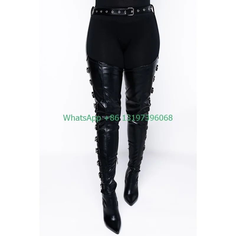 Women's Pointed Toe Thigh Boots Belt Leather Boots Sexy Hollow Metal Buckle Boots Catwalk Style Pole Dance Boots Plus Size Foot