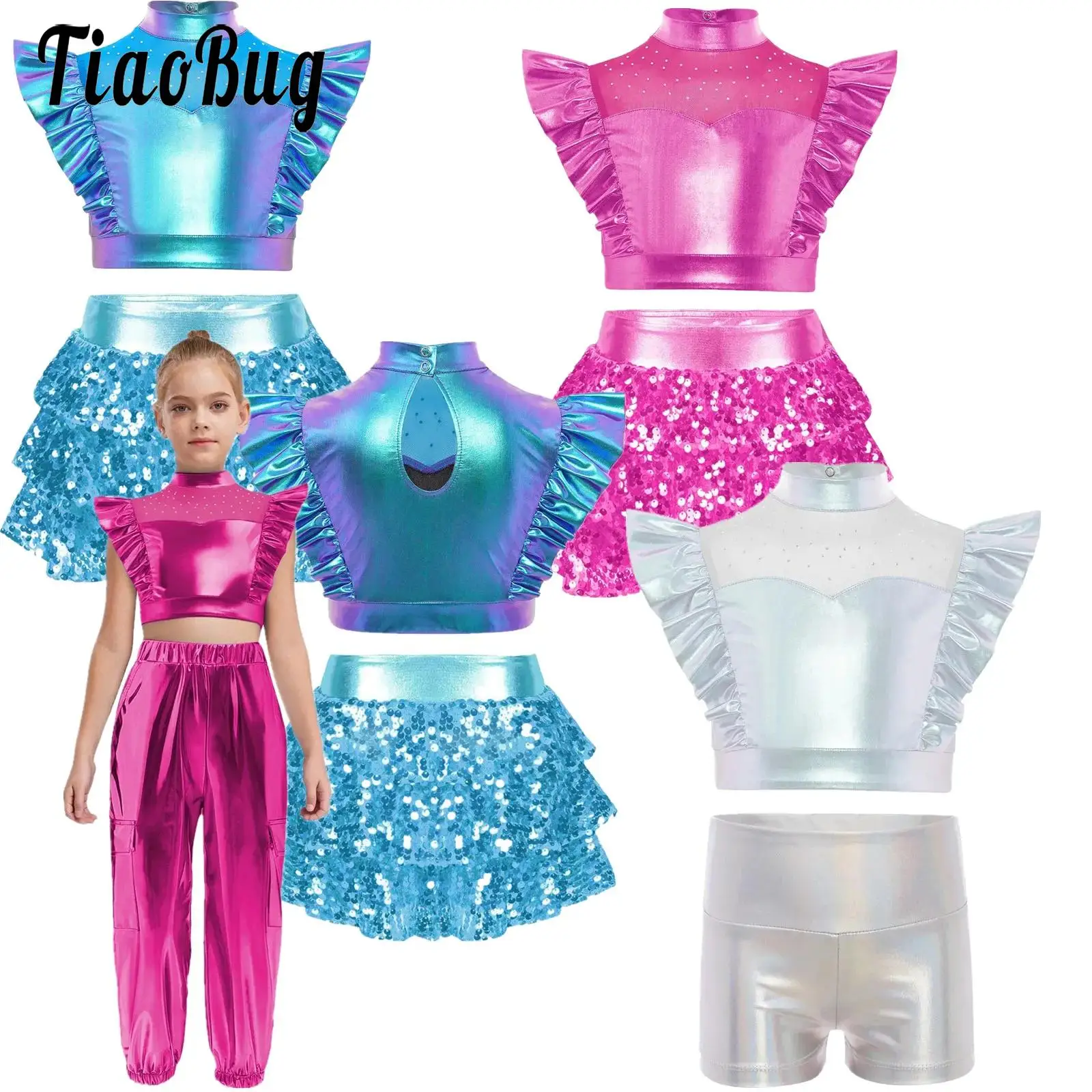 

Kids Girls Shiny Sequin Jazz Modern Dance Outfit Costume Crop Top+Tiered Unitard Bottoms School Basketball Cheerleading Costumes