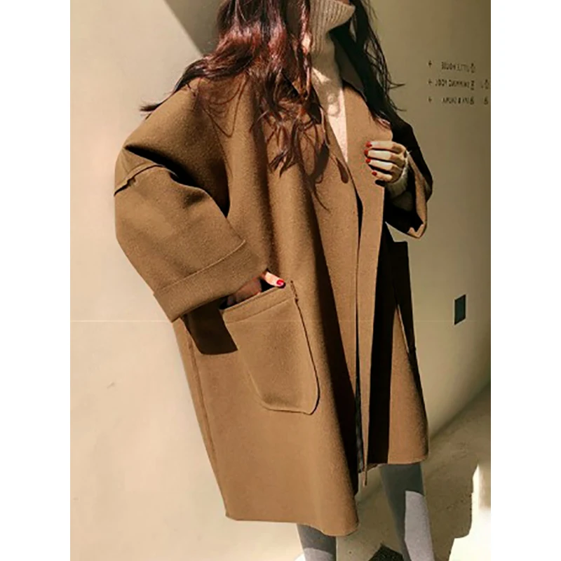 

Krisnanas Autumn Urban Coat 2024 New Long Sleeves Loose Buttoned Pockets Solid Color Split-Joint Notched Collar Woolen Coat