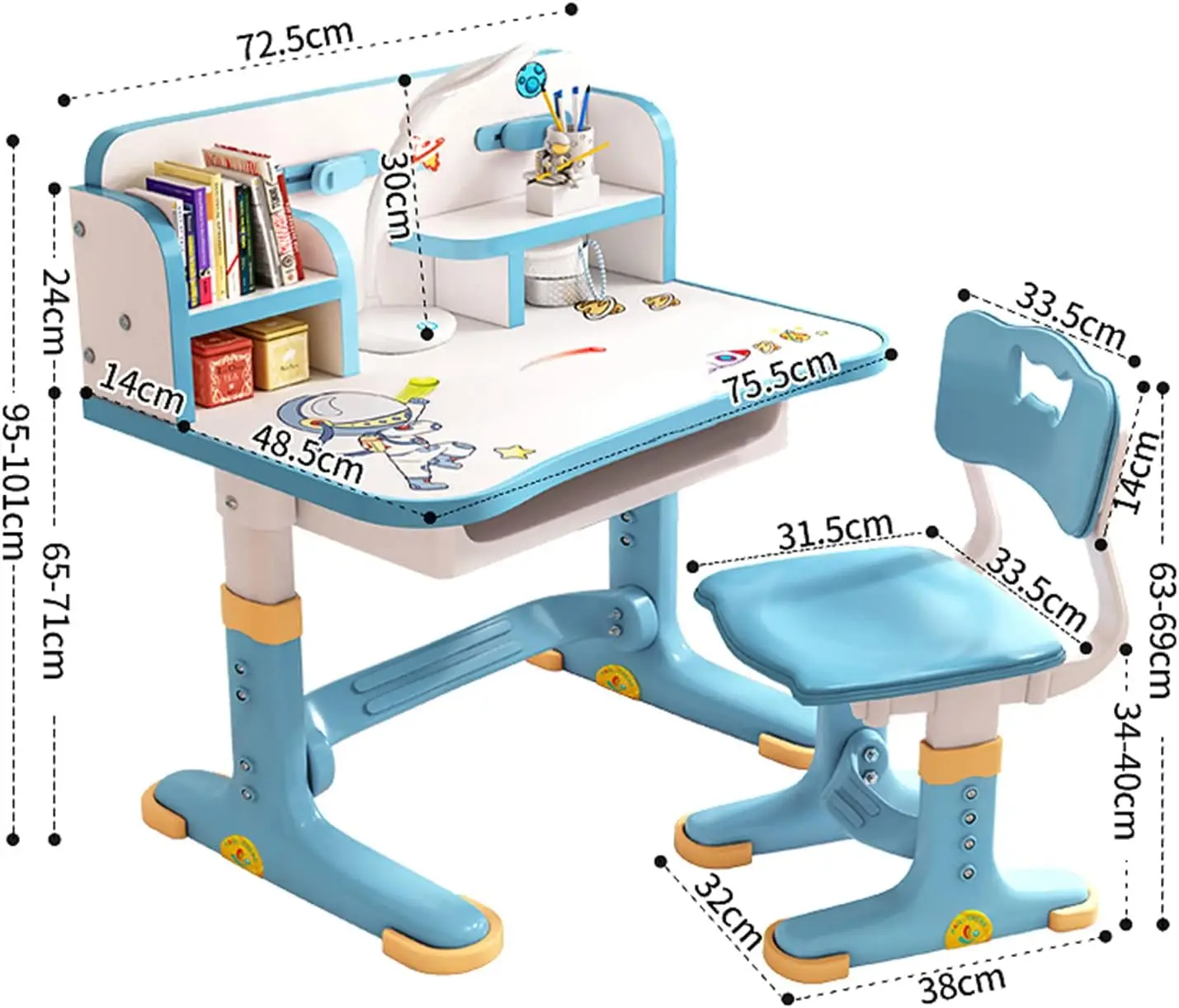 Set di sedie da scrivania, set di sedie da scrivania con motivo cartoon multi separazione da tavolo allargato per bambini, altezza regolabile