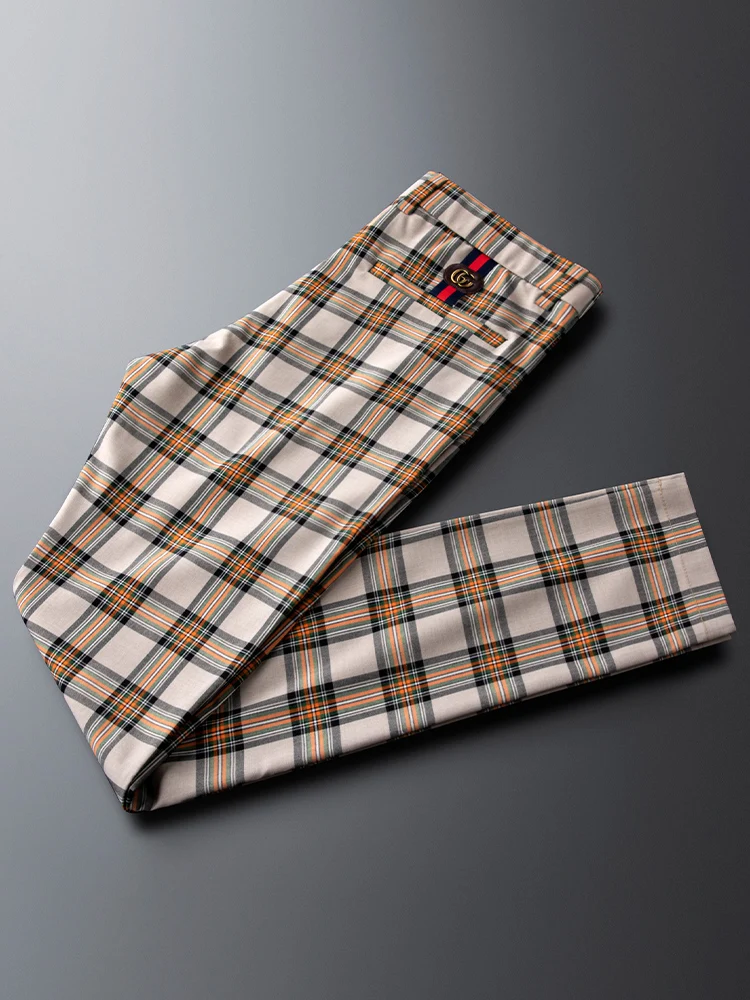 

Мужские повседневные брюки Slim Fit в молодежном стиле, модные прямые брюки в клетку из оранжевой смесовой ткани (полиэстер)
