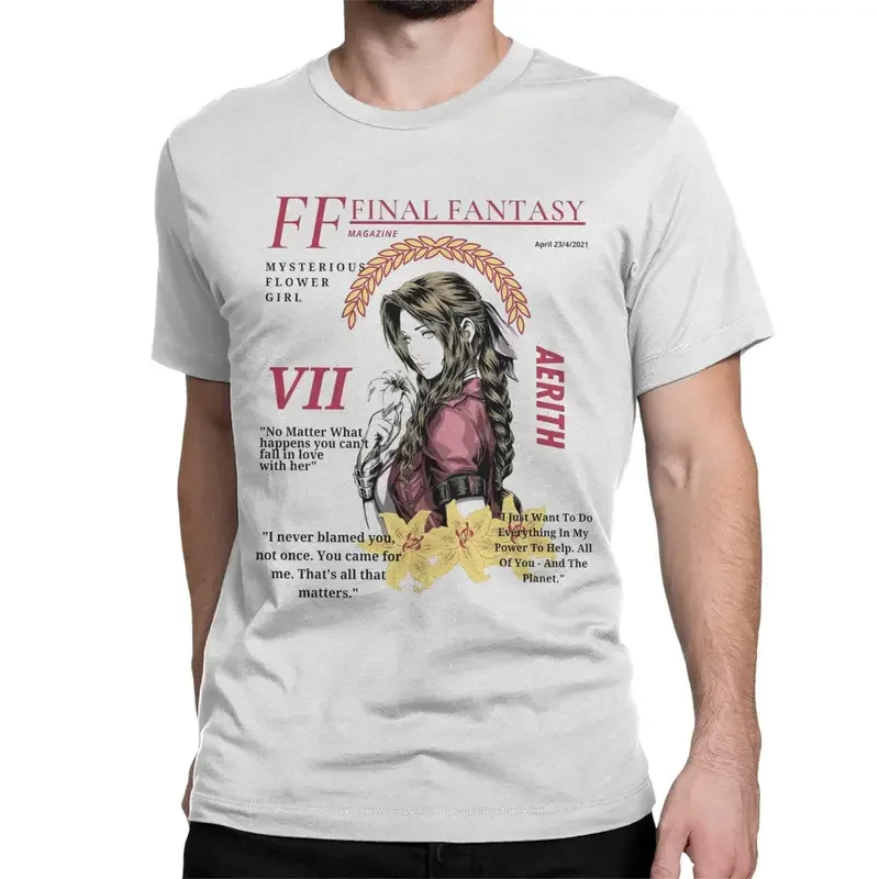 Aerith Gainsborough FF7 Magazine Final Fantasy Men T Shirts Vintage Tee Shirt Short Sleeve T-Shirts 100% Cotton Birthday Gift