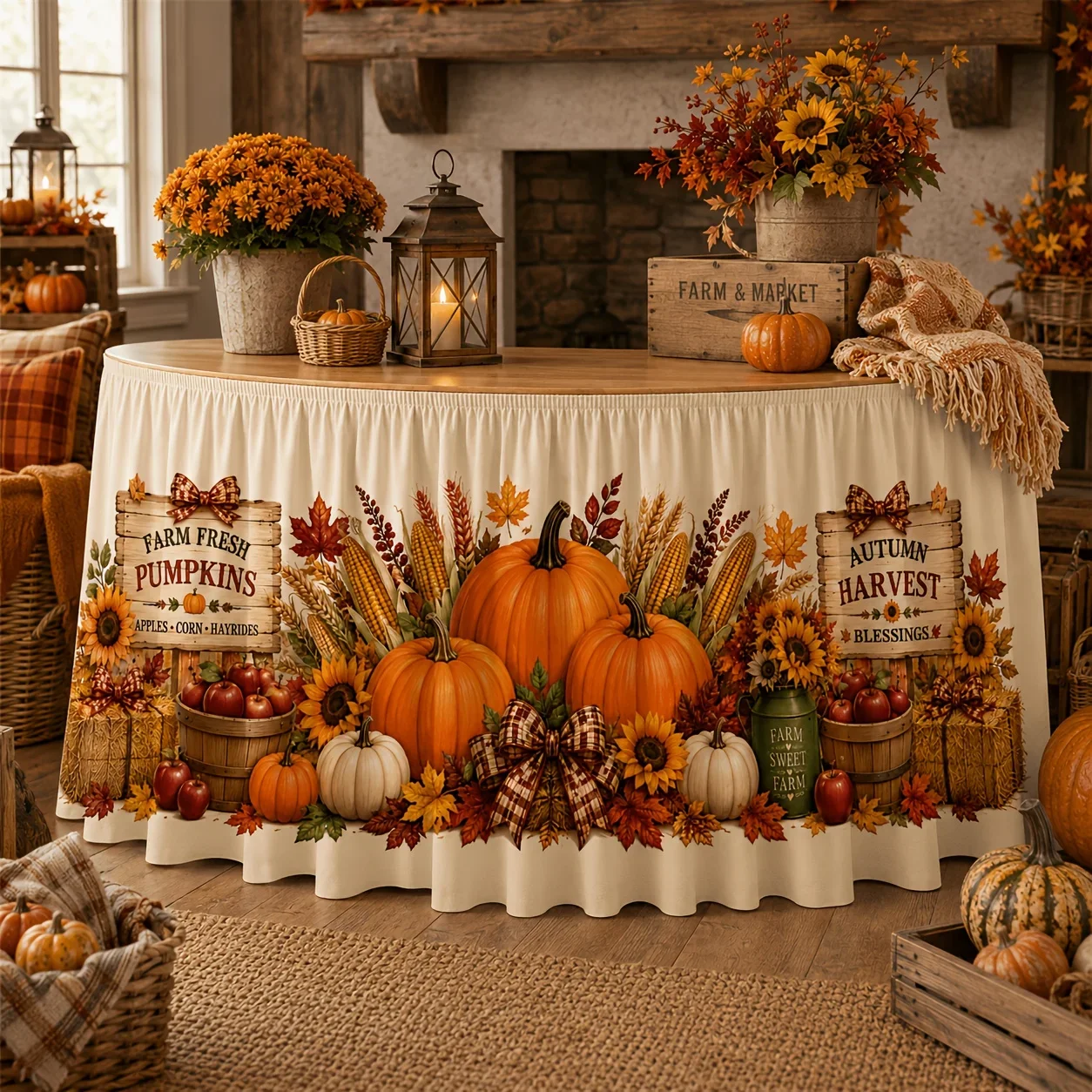 1 tablecloth table skirt, farm fresh pumpkin, autumn harvest, sunflowers, maple leaves, hay bales, vintage print decoration
