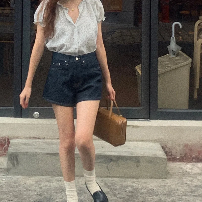 2024 New Summer Korean Version Fashionable and Sweet Short Sleeved Blouses Round Neck Printed Pleated Button Women's Shirt Top