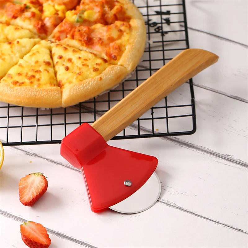 1Pcs Pizza Cutter Wheel, Axe Shaped Stainless Steel Pizza Knife With Bamboo Handles and Sharp Rotating Blades, Pizza Slicer Roll